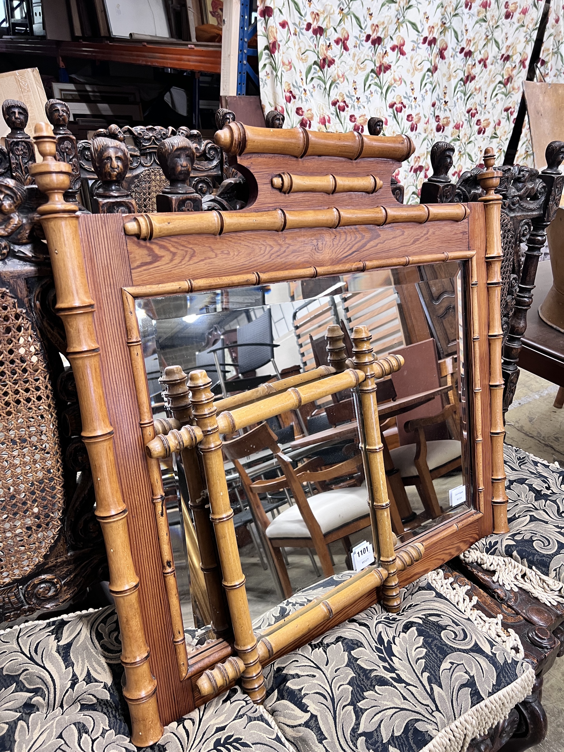 A late Victorian beech simulated bamboo wall mirror, width 46cm, height 49cm and a larger beech and pine overmantel mirror, width 83cm, height 76cm